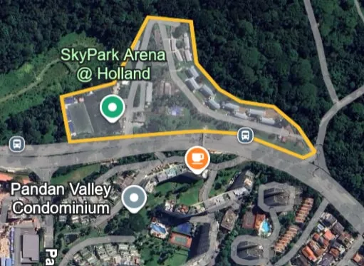 Satellite map of 100 Ulu Pandan Road, the former Ulu Pandan Camp, outlined in yellow beside SkyPark Arena @ Holland, with Pandan Valley Condominium across the road