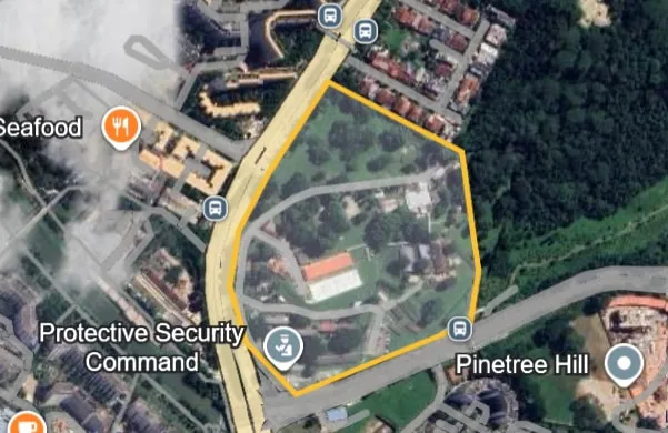 Satellite map of 300 Ulu Pandan Road, a large wooded site outlined in yellow beside an elevated road, near the Protective Security Command and Pinetree Hill