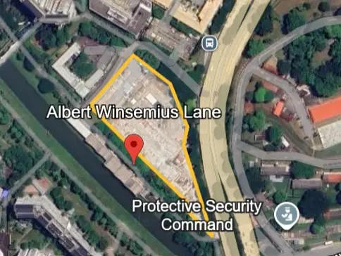 Satellite map of the Albert Winsemius Lane site, outlined in yellow