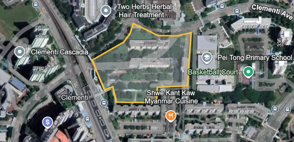 Satellite view of the former Clementi Avenue 5 site on 28 October 2022, outlined in yellow, with buildings still on the site between Clementi Cascadia and Pei Tong Primary School