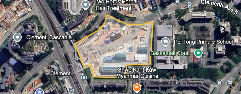 Satellite view of the same site on 6 July 2025, cleared and under construction for the Clementi MRT interchange
