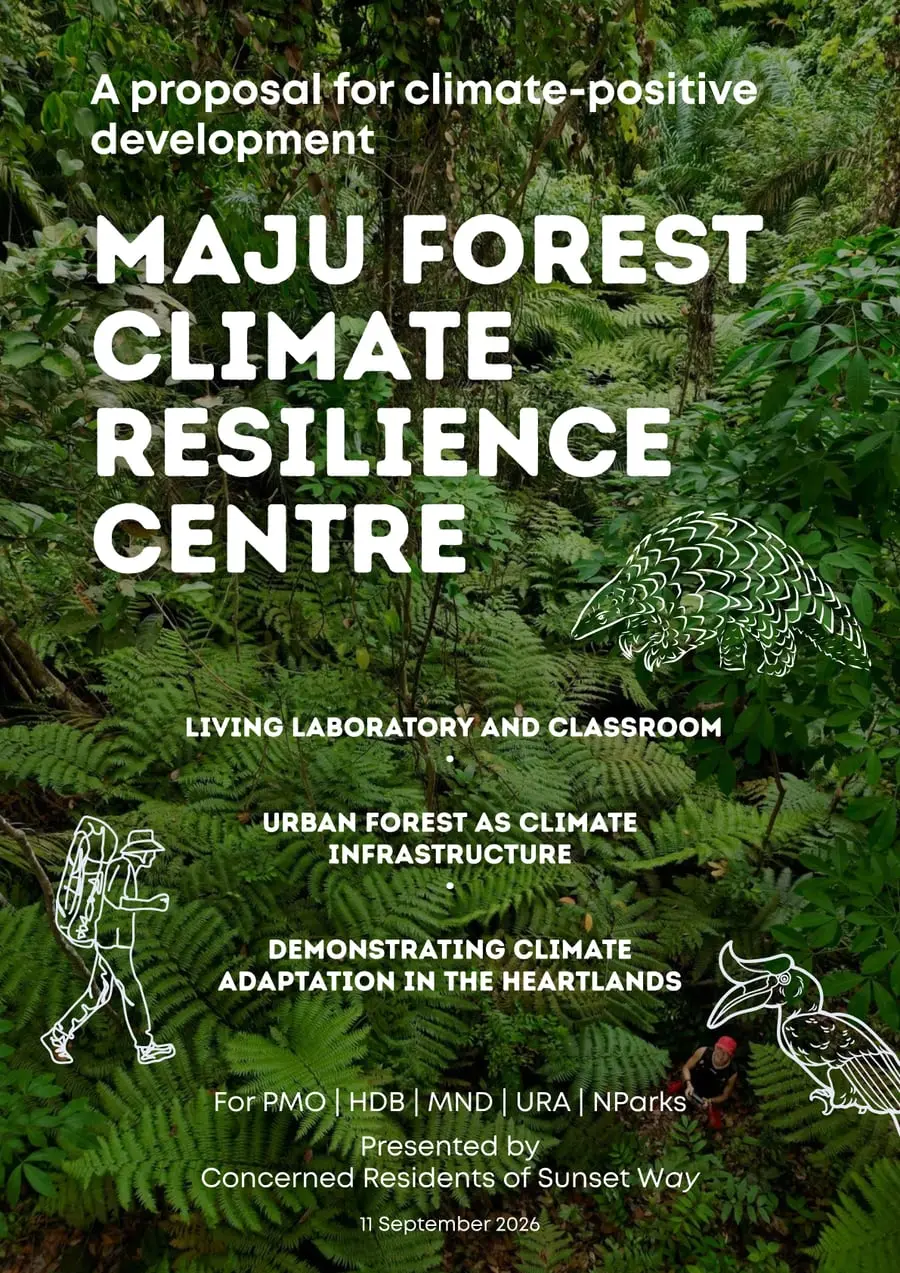 Cover of the proposal: Maju Forest Climate Resilience Centre, a proposal for climate-positive development, over a photo of the forest